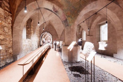 Siegerprojekt im Architekturwettbewerb: Visualisierung der revitalisierten gotischen Einsäulenhalle als Ausstellungsraum. © Expedit - Studio für Architektur